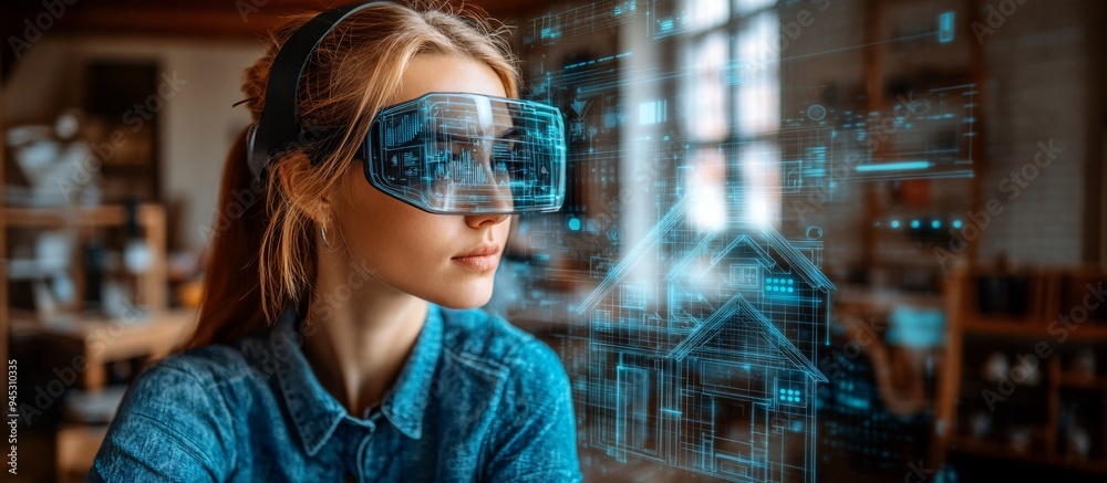 Poster Homeowner adjusting home automation settings using a 3D holographic interface in a smart home Stock Photo with copy space