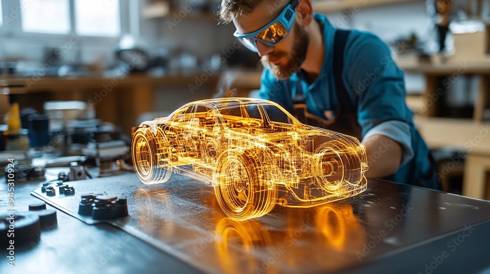 Poster engineer using a 3d holographic display for precise machinery repair and maintenance stock photo wit