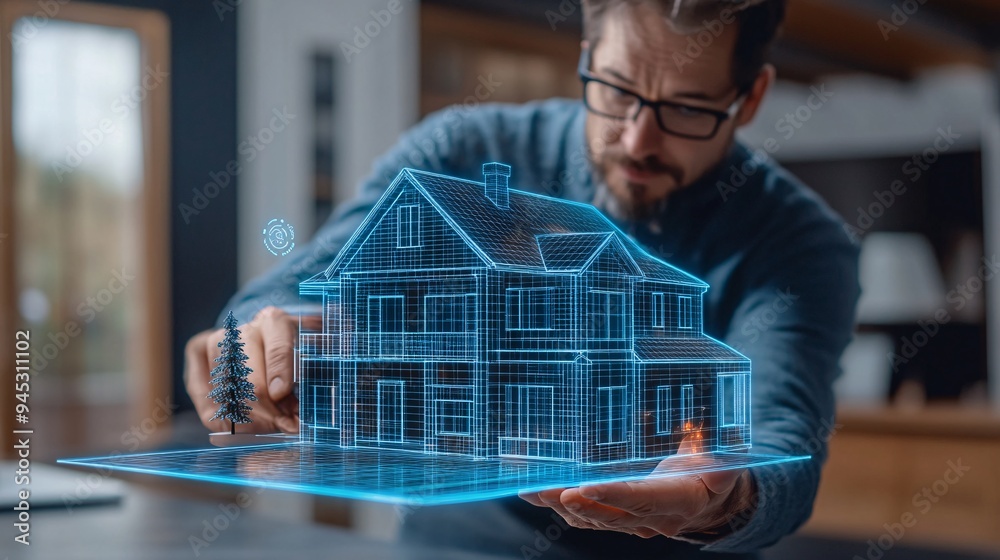 Aufkleber Homeowner interacting with a 3D holographic display to control smart home devices and systems Stock Photo with copy space