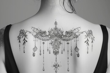 Intricate black and gray winged tattoo decorating a woman's back in a minimalist setting