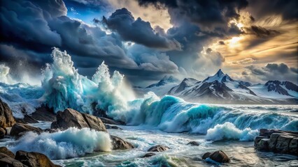 Fototapeta premium Rugged seascapes with crashing waves, dark foreboding skies, and ancient glaciers calving, capturing the fury of the untamed.