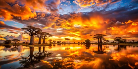 dramatic Turkana sky fiery orange pink hues scattered cumulus clouds majestic baobab silhouettes mirrored lake reflections golden light warm tones atmospheric depth