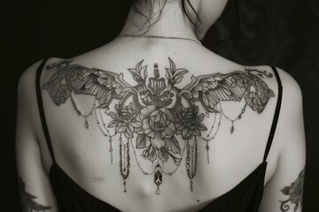 Intricate black ink tattoo design covering the back of a person featuring floral elements and wing motifs in a dimly lit setting