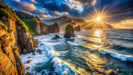 Fototapeta premium dramatic low-angle shot of majestic cliffs plunging into dark blue Sea of Japan, morning sunburst illuminates misty valleys, golden light dances on churning waves.