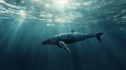 Obraz premium A serene underwater scene featuring a whale swimming through beams of light.