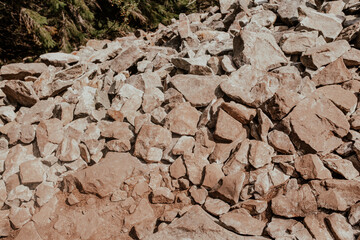 A detailed view of a rocky terrain highlighting various sizes of stones and boulders in natural landscape during daytime