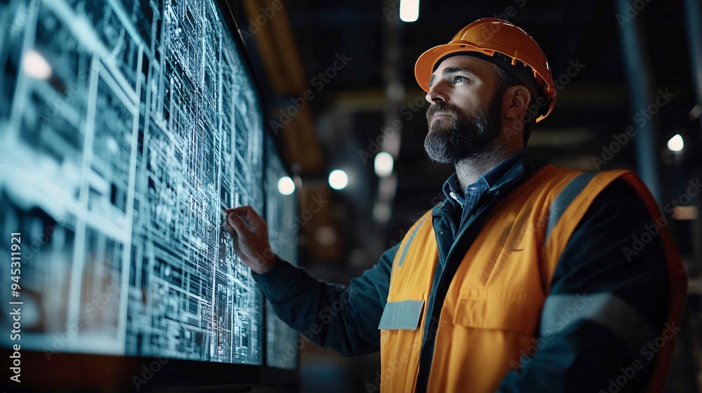 Poster Engineer analyzing a 3D holographic blueprint for machinery assembly in a factory Stock Photo with copy space