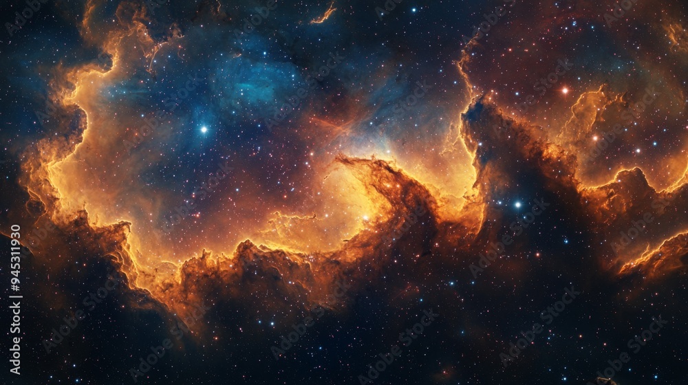 Poster cluster of stars surrounded by colorful gas clouds in deep space