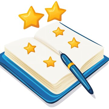 recommend clip art: Book review clipart with stars and a pen rating a book on white background