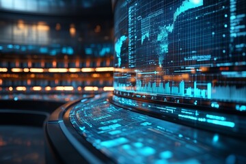 Visual of a futuristic parliament with holographic economic policy presentations, concept of modern legislative economics