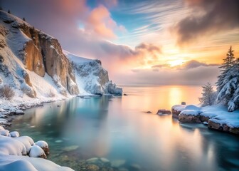 Obraz premium ethereal winter wonderland with snow-dusted cliffs, serene cove, and misty atmosphere, soft pastel hues, dreamy soft focus, minimalist composition