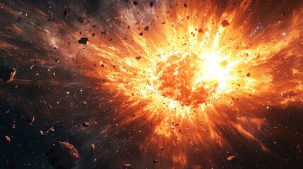 Cosmic explosion with bright light rays and space debris