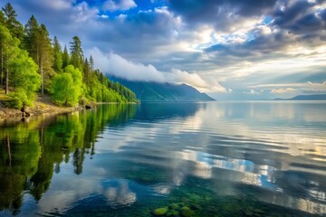 Softly backlit Lake Baikal's tranquil waters reflecting surrounding lush greenery and misty mountains under overcast June sky with subtle water ripples.
