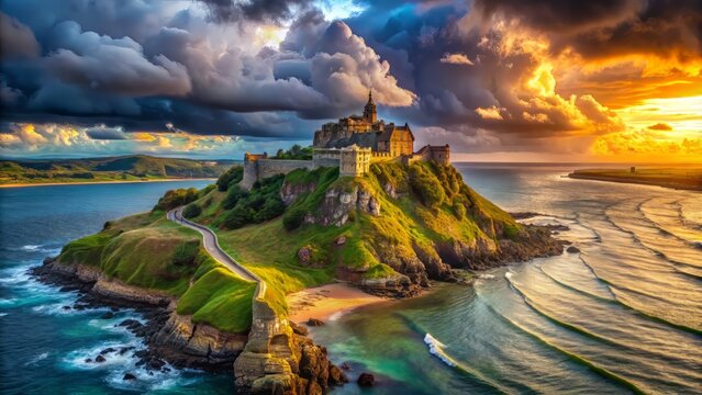 breathtaking cliff-top panorama with sweeping coastline, medieval castle, and stormy weather, vibrant colors, high-dynamic-range lighting, symmetrical composition