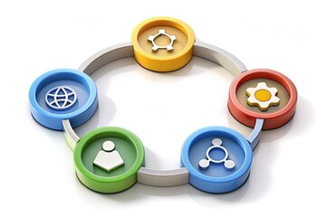 Five interconnected ring segments forming a circular whole, each piece featuring a distinct icon or graphic, illustrating collaborative synergy and interconnected concepts.