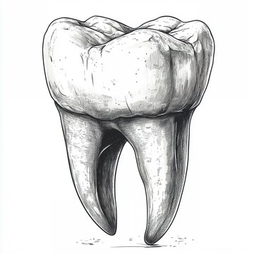The Molar's Might: A hyperrealistic illustration of a human molar, meticulously rendered in black and white. 