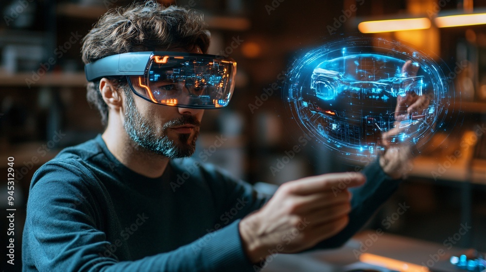 Poster Engineer using a 3D holographic display to guide the repair of complex industrial machinery Stock Photo with copy space