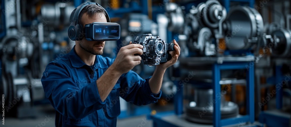 Poster Engineer using a 3D holographic display to guide the repair of complex industrial machinery Stock Photo with copy space