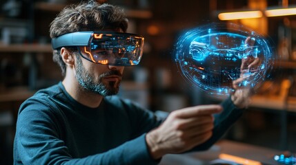 Engineer using a 3D holographic display to guide the repair of complex industrial machinery Stock Photo with copy space