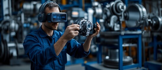 Engineer using a 3D holographic display to guide the repair of complex industrial machinery Stock Photo with copy space