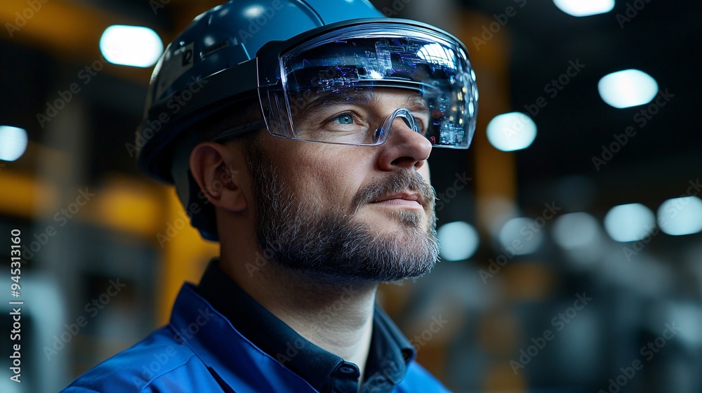 Aufkleber technician using a 3d holographic guide to diagnose issues in industrial machinery stock photo with 
