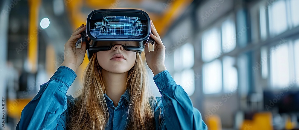 Poster engineer using a 3d holographic blueprint for troubleshooting and repairing industrial equipment sto