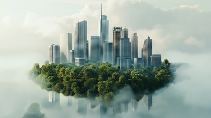 Fototapeta premium A futuristic city emerges from lush greenery, surrounded by mist and water.