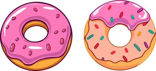 Two cartoon style donuts with pink icing and colorful sprinkles, perfect for fun and playful food illustrations
