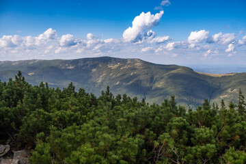 A breathtaking view of rolling mountains and lush greenery under a vibrant sky in a remote wilderness area
