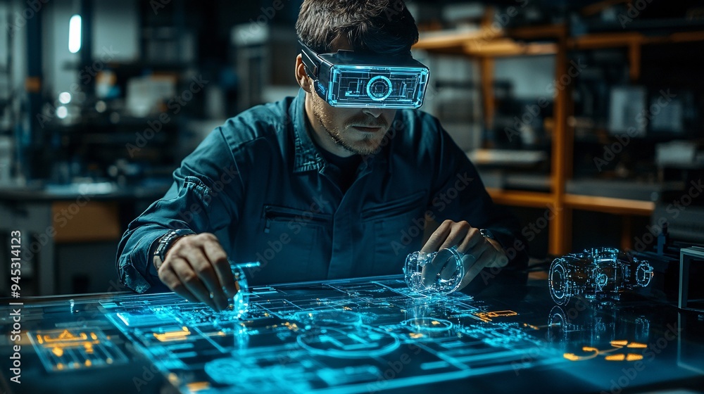 Poster technician using a 3d hologram to visualize and repair industrial machinery in a factory stock photo