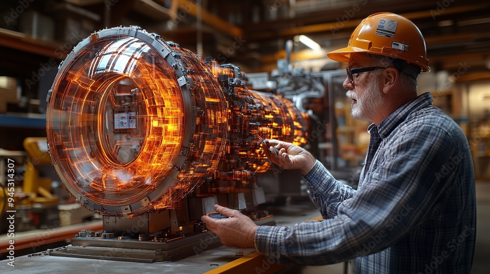 Poster technician using a 3d hologram to visualize and repair industrial machinery in a factory stock photo