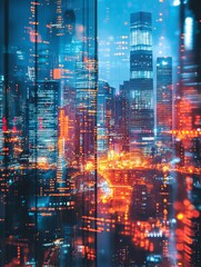 Fototapeta premium Abstract view of a city skyline influenced by economic policy changes, represented by digital overlays of economic data