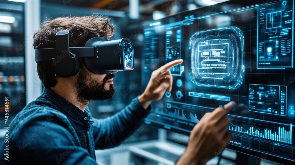 Poster technician using a 3d hologram to visualize and repair industrial machinery in a factory stock photo
