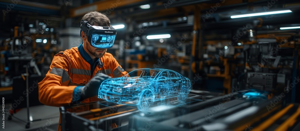 Poster Mechanic using a 3D hologram to troubleshoot issues in a car's engine in a high-tech workshop Stock Photo with copy space