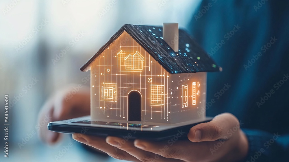 Aufkleber Homeowner interacting with a 3D holographic display for home automation control and monitoring Stock Photo with copy space