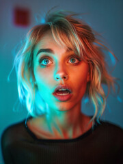 Fototapeta premium A close-up of a woman with blonde hair and a surprised expression. She appears to be in a room with a neon or blue light, which gives off a vivid glow.