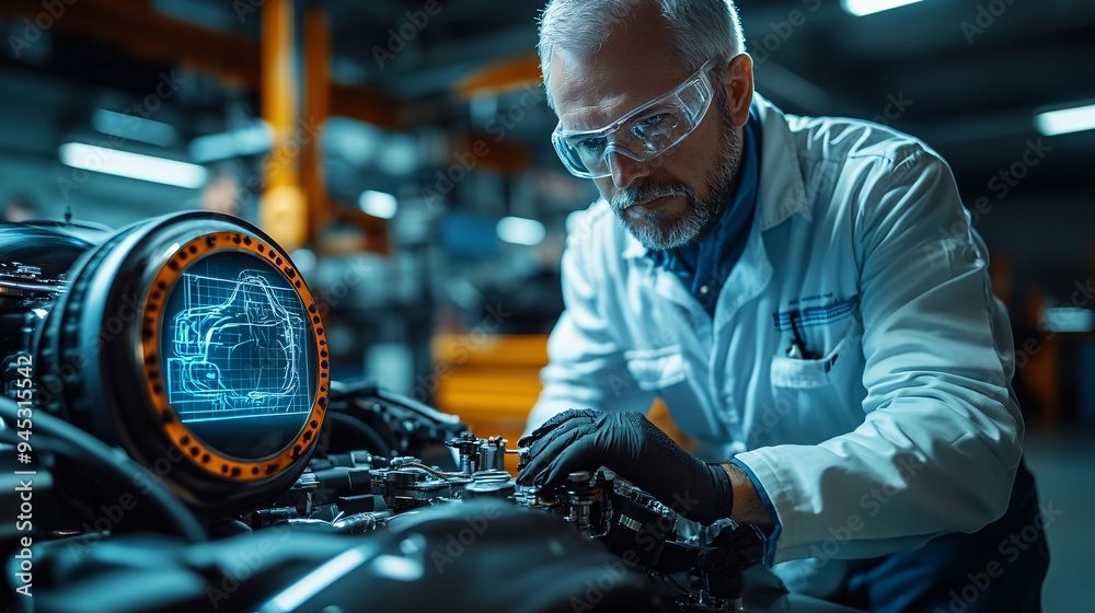 Poster mechanic following a 3d holographic guide to repair car engine components in a futuristic garage sto