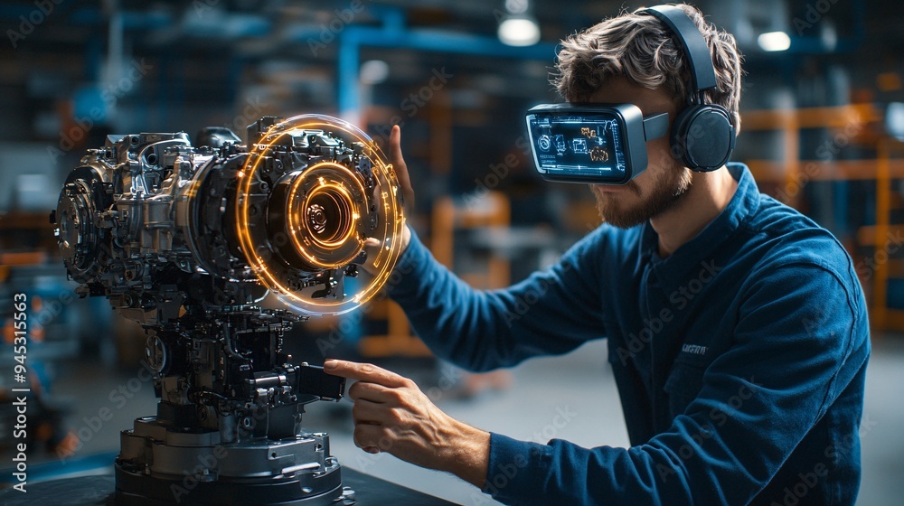 Poster mechanic following a 3d holographic guide to repair car engine components in a futuristic garage sto