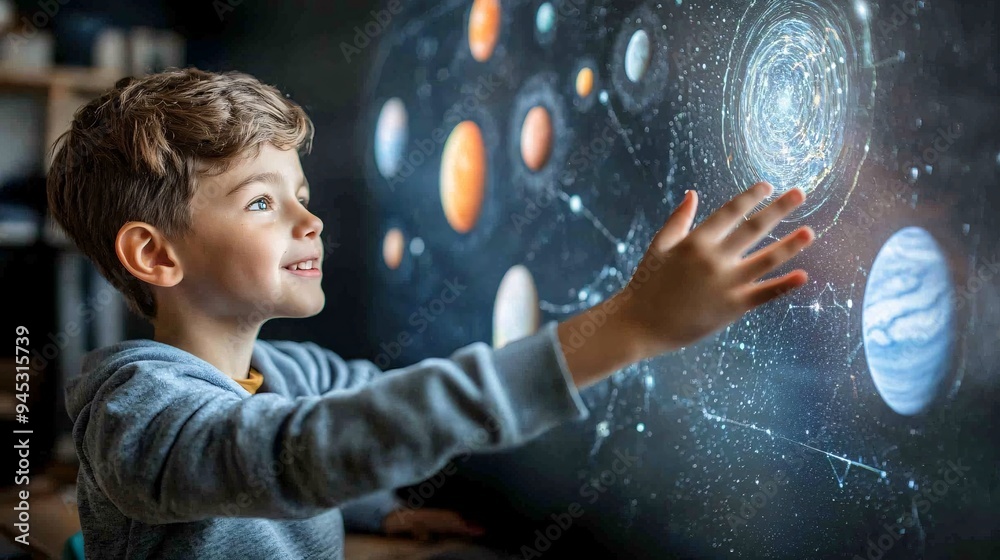 Poster Students in a classroom learning about the solar system using a 3D hologram of planets and stars Stock Photo with copy space