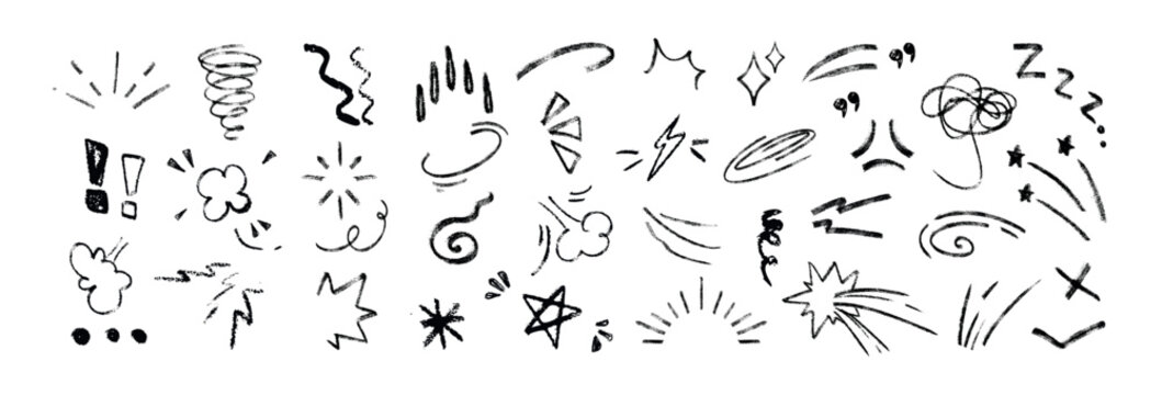 Line movement elements. Hand drawn chalk doodle expression signs, lines, sunburst, emphasis, sparkle ray, wind or exclamation marks. Charcoal pencil emotion effect decoration icons, anime manga sparks