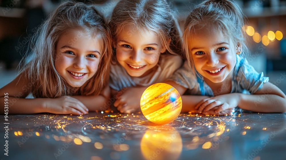 Poster Students in a classroom learning about the solar system using a 3D hologram of planets and stars Stock Photo with copy space