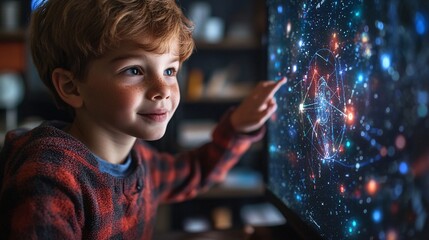 Teacher explaining complex mathematical concepts with a 3D holographic graph in a modern classroom Stock Photo with copy space