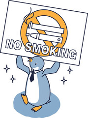 禁煙のプラカードをかかげるペンギンのアイソメ