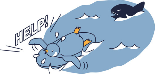 サメから逃げるサーフィン中のペンギンのアイソメ