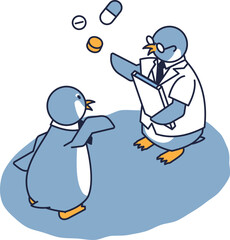 薬剤師と薬の飲み方について話し合うペンギンのアイソメ