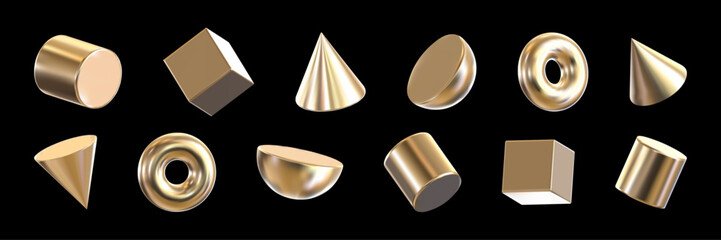 Set of 3D geometric shapes in the form of a square, cylinder, pyramid and semicircle with gold texture. Abstract simple metal shapes in three-dimensional space.