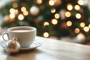 Cozy holiday vibe with coffee cup and ornament.