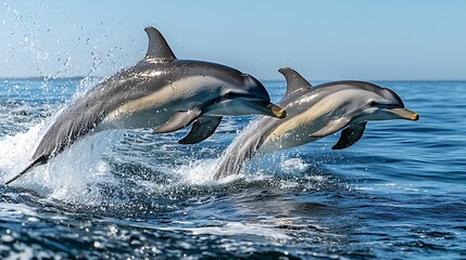 Fototapeta premium Two dolphins leap from the ocean, their movements synchronized in a display of natural grace.