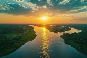 Fototapeta premium Sunrise or sunset Over a River Nile and Lush Green trees in a Scenic Landscape.