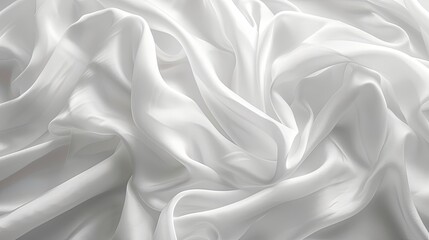Fototapeta premium Close-up of smooth white fabric with wavy folds and creases. The light reflects off the surface, creating a soft and ethereal feel